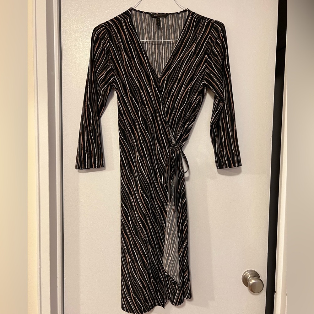 BCBG Women’s black/brown/beige striped wrap dress. Size M. Barely worn!